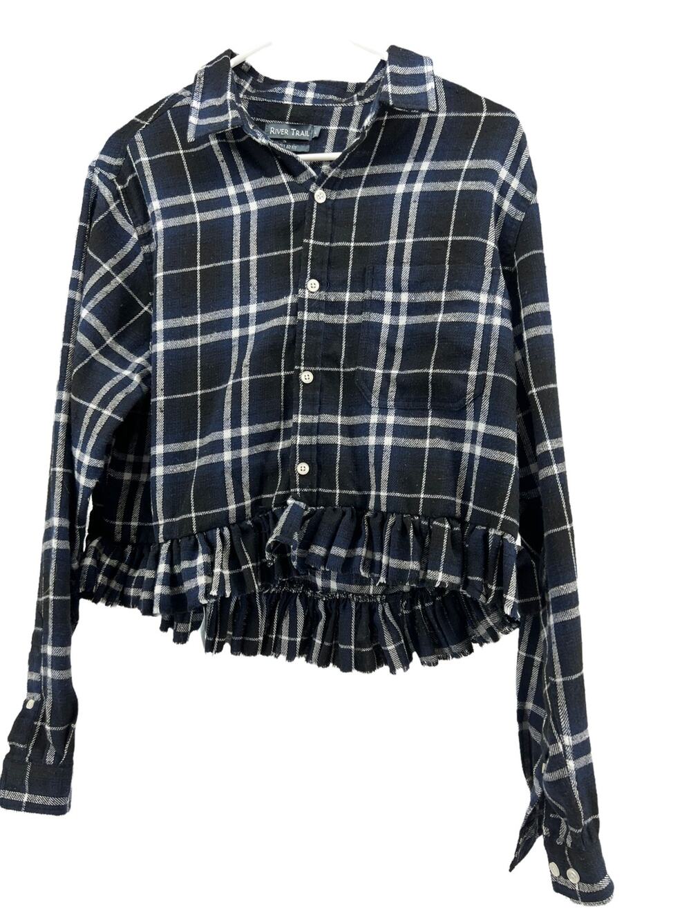 River Trail Black Blue White Plaid Ruffled Button Down Shirt Women's Size Large